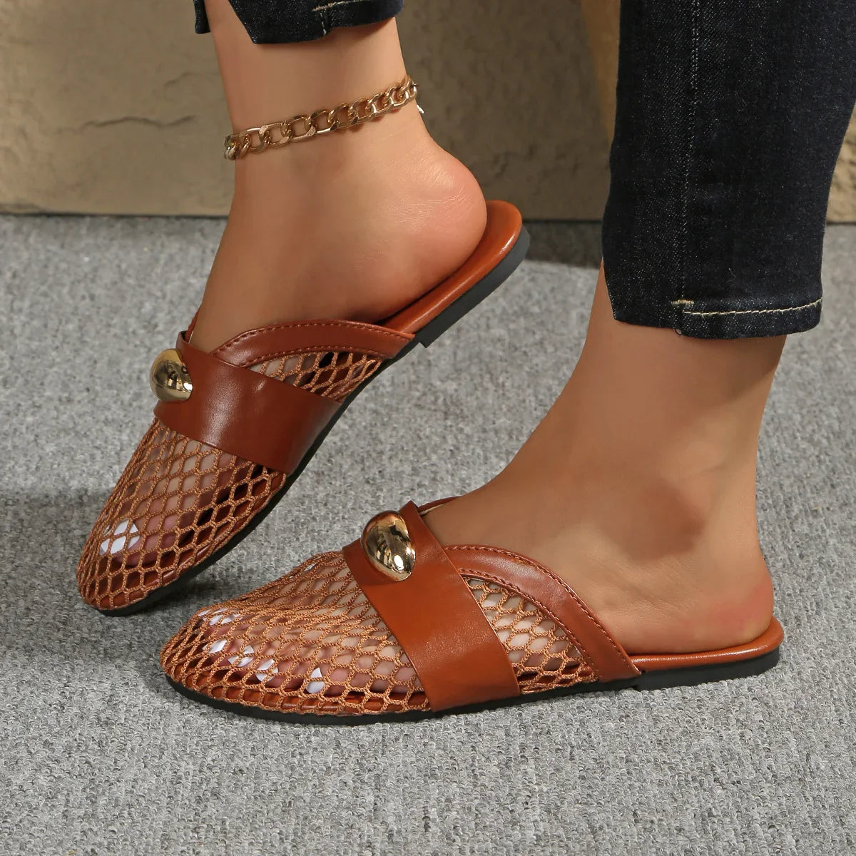Golden Charm Fishnet Slides