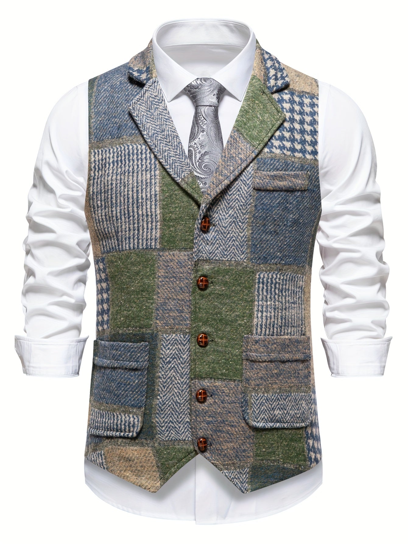Leo | Patchwork Tweed Waistcoat with Herringbone Pattern