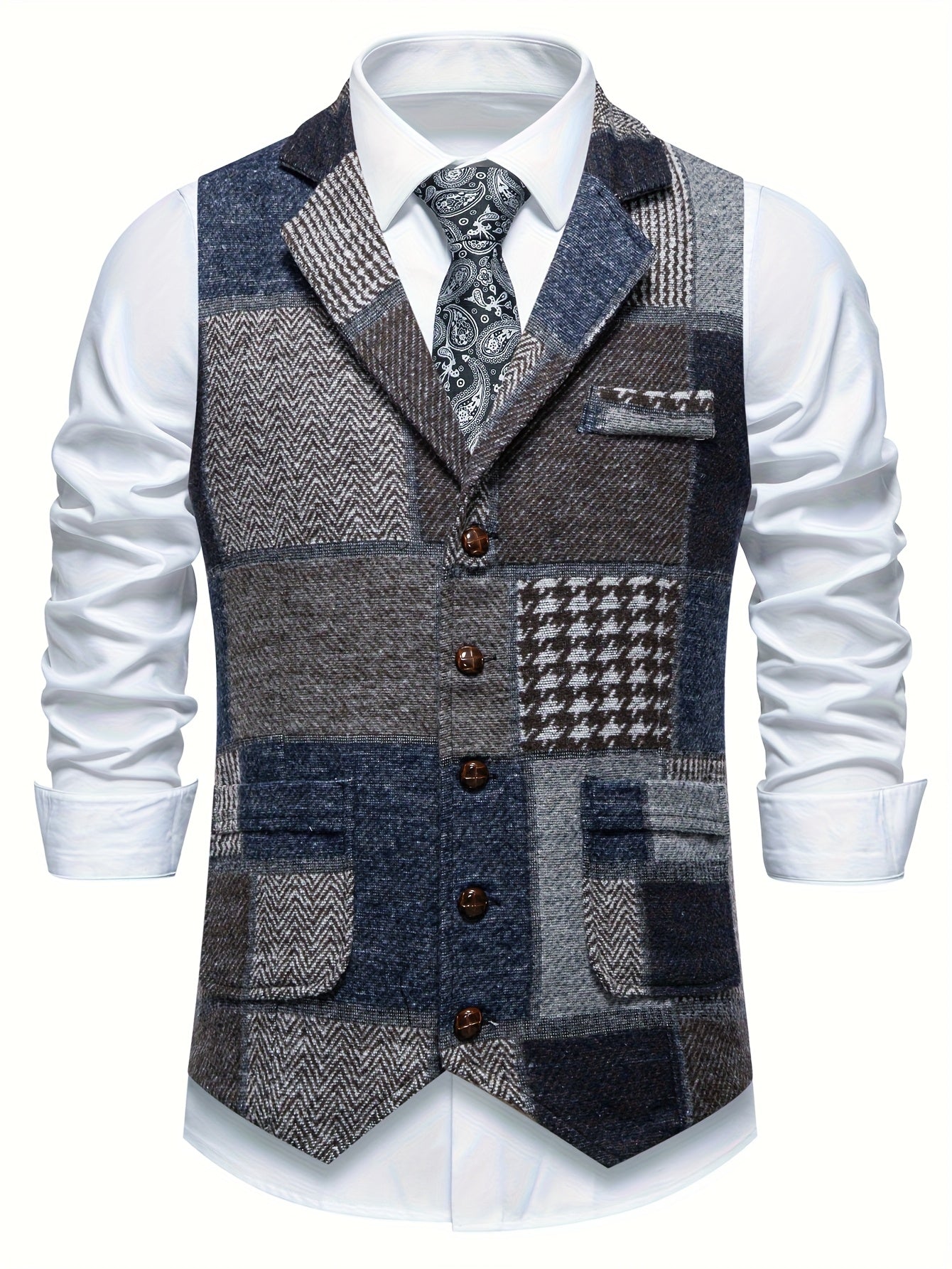 Leo | Patchwork Tweed Waistcoat with Herringbone Pattern