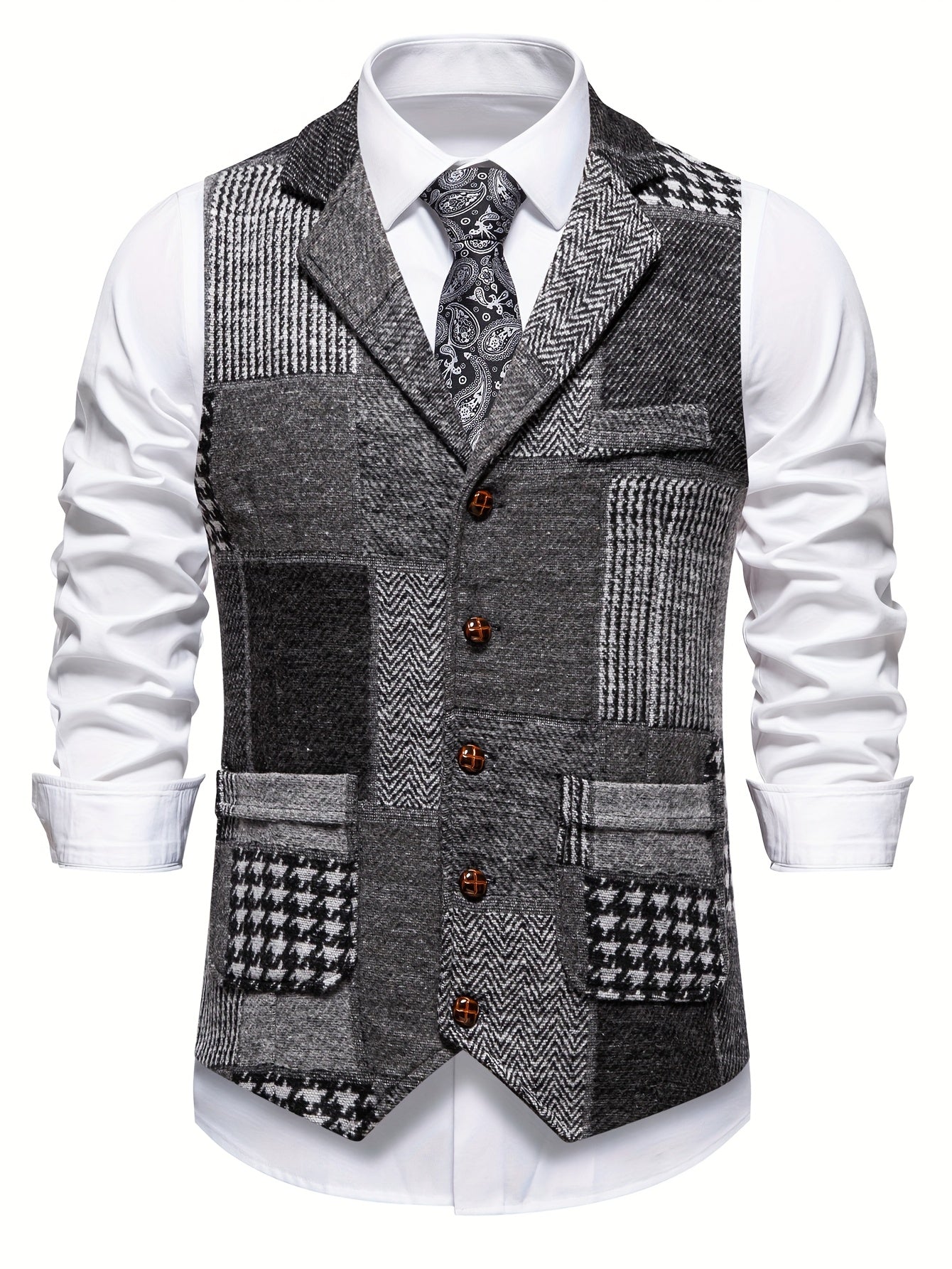 Leo | Patchwork Tweed Waistcoat with Herringbone Pattern